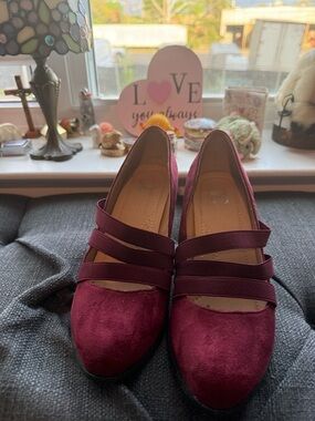 Burgundy Triple-Strap Mary Jane Heels - Women’s Dress Pumps